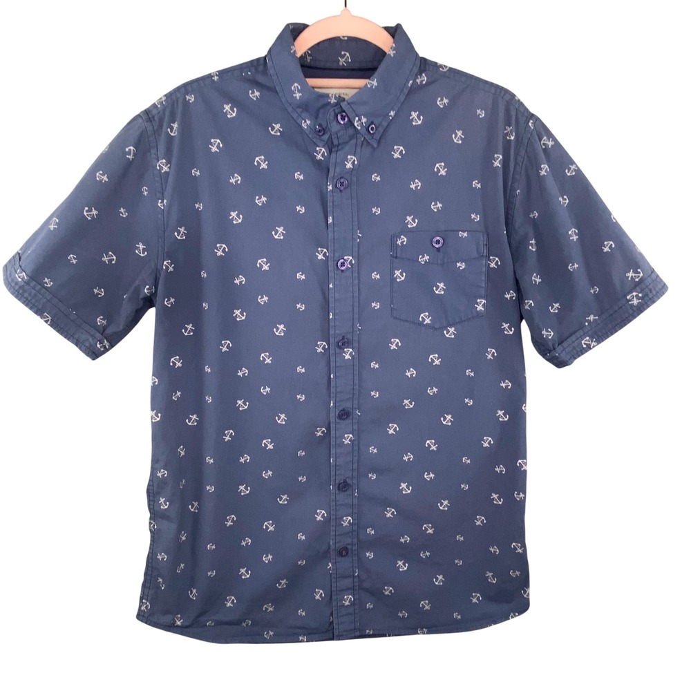 Weatherproof Vintage Anchor Print Button Down Shirt Mens Sz L Navy Blue Nautical